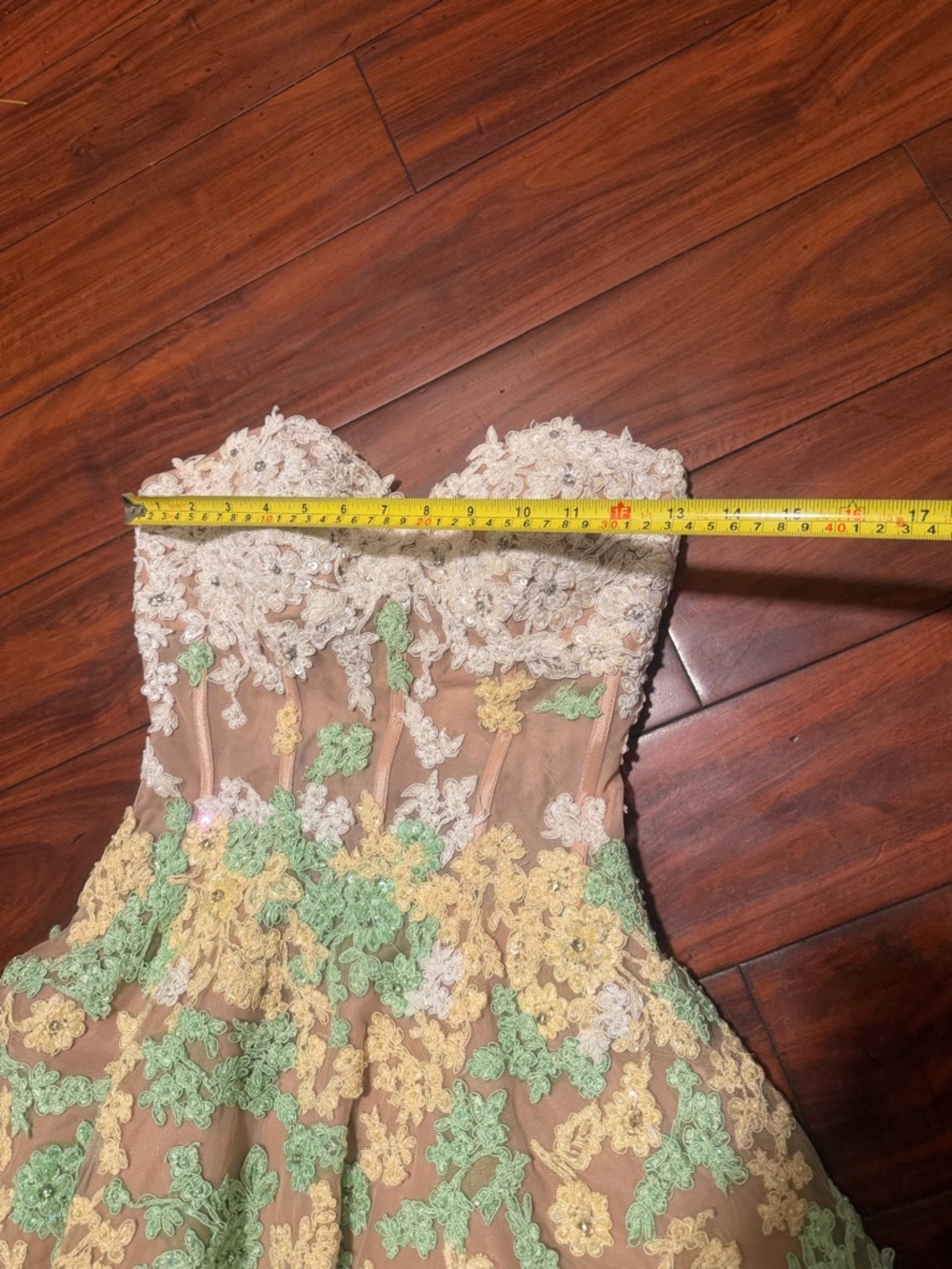 Sherri Hill Strapless Floral Appliqué Cocktail Dress in Blush, Yellow & Mint - Picture 7 of 15